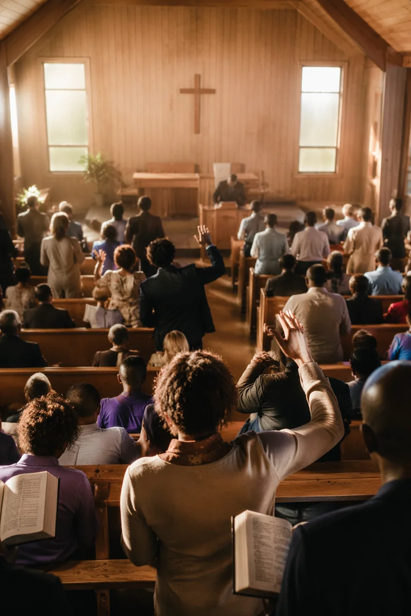 Diverse Congregation Worshiping in Sunlit Chapel