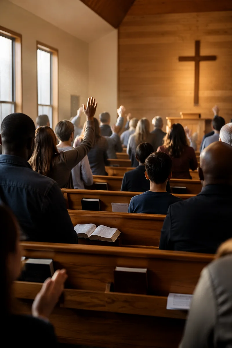 Diverse Congregation Worshiping in Wooden Chapel