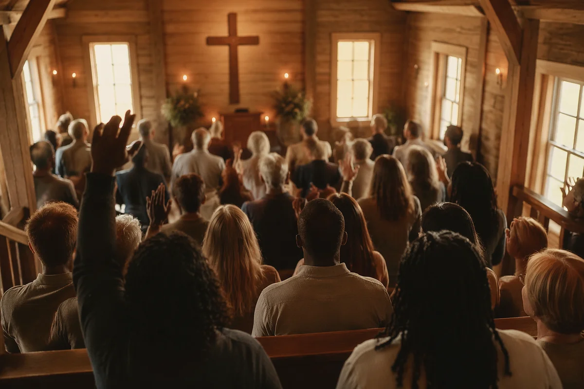 Diverse Congregation Worshiping in Sunlit Chapel