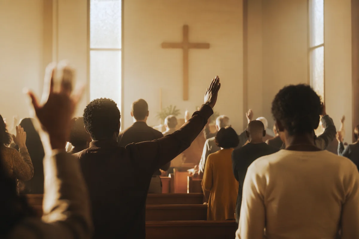 Diverse Congregation Worshiping in Sunlit Sanctuary