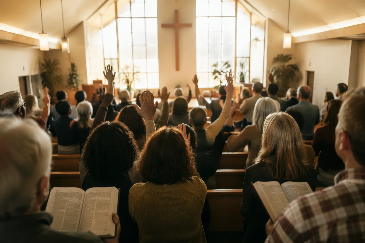 Diverse Congregation Worshiping in Sunlit Sanctuary