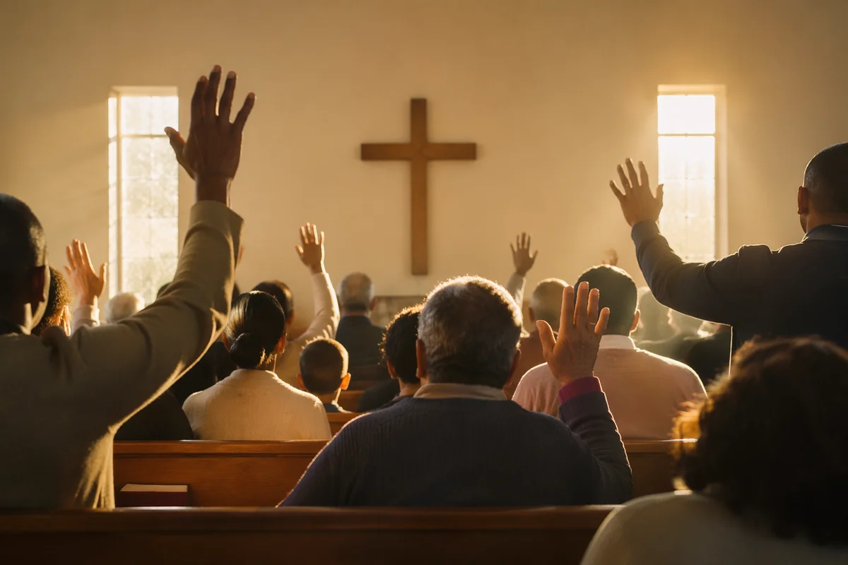 Diverse Congregation Worshiping in Sunlit Chapel