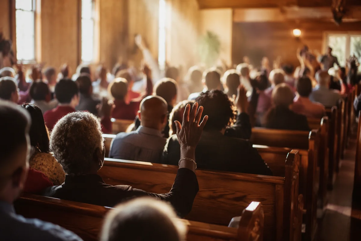 Diverse Congregation Worshiping in Wooden Sanctuary