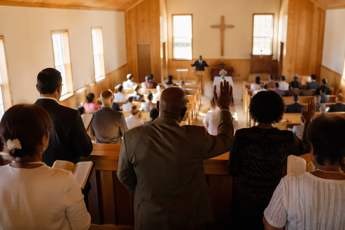 Diverse Congregation Worshiping in Sunlit Chapel
