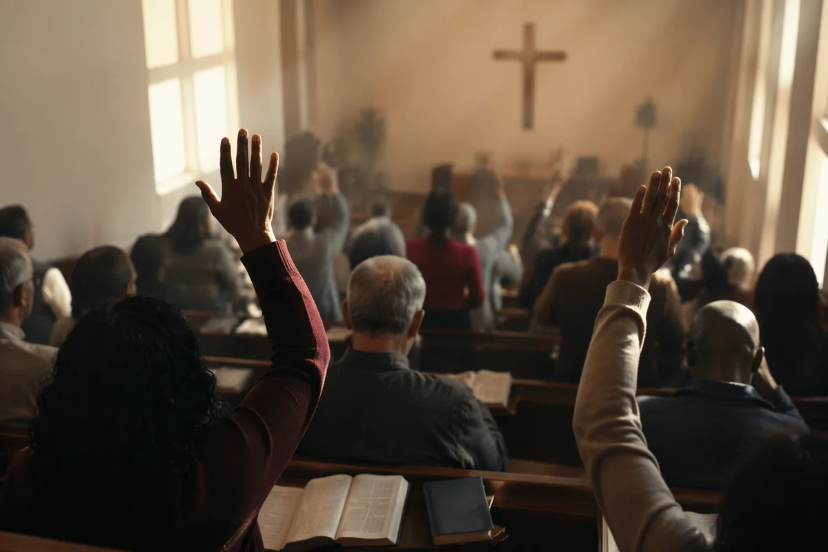 Diverse Congregation Worshiping in Sunlit Chapel