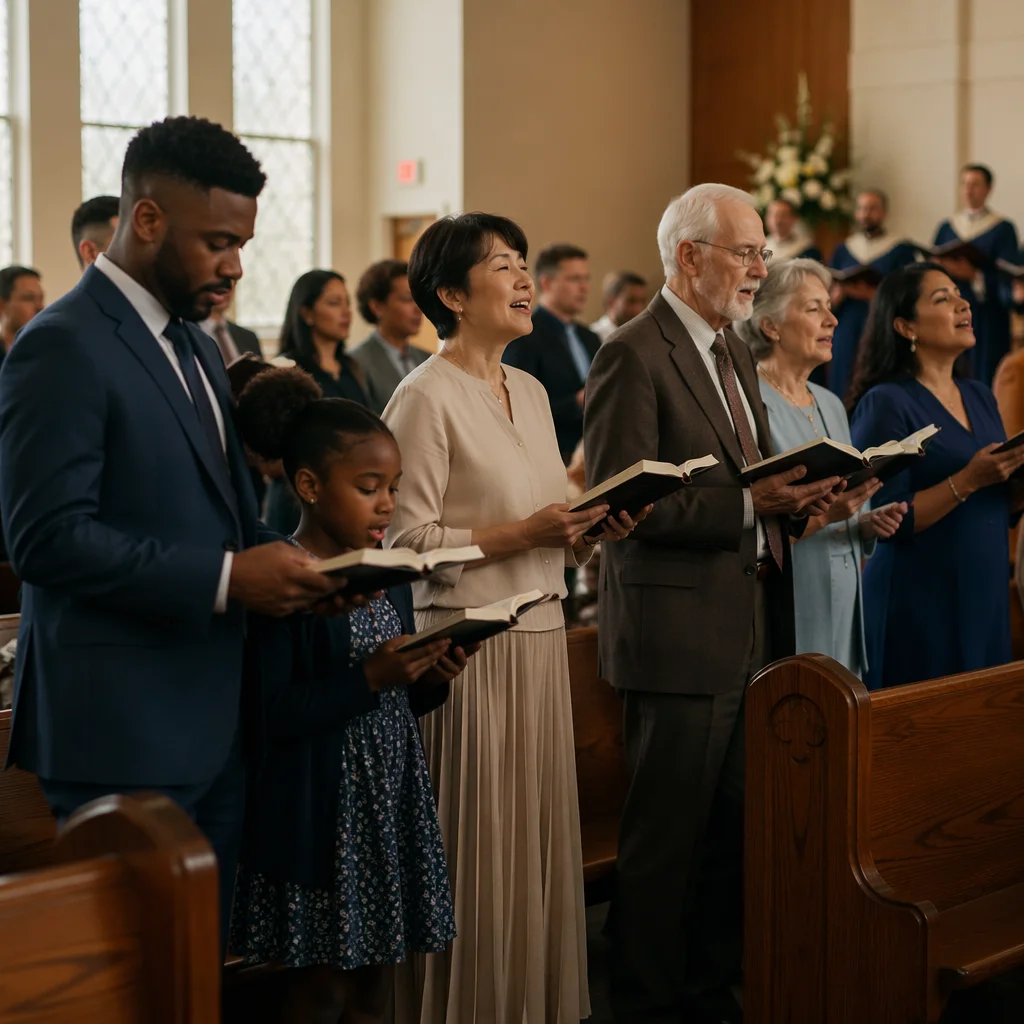 Diverse Congregation Singing in Bright Sanctuary