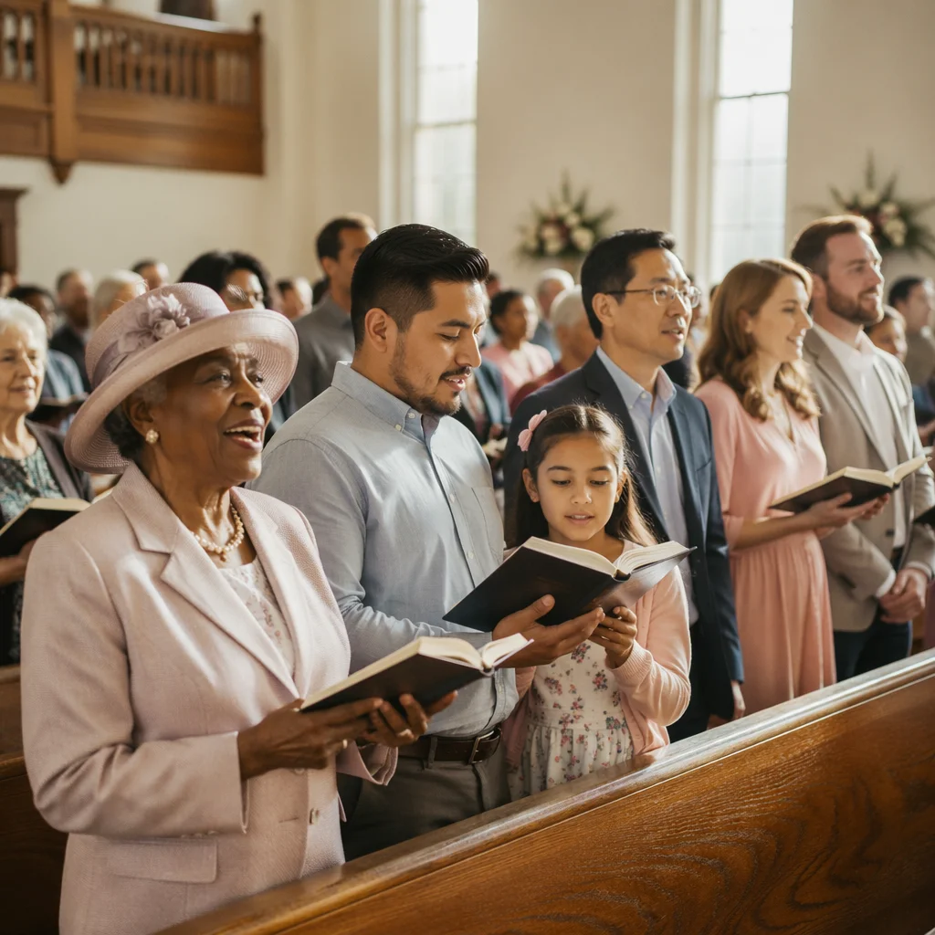 Diverse Congregation Singing in Bright Sanctuary
