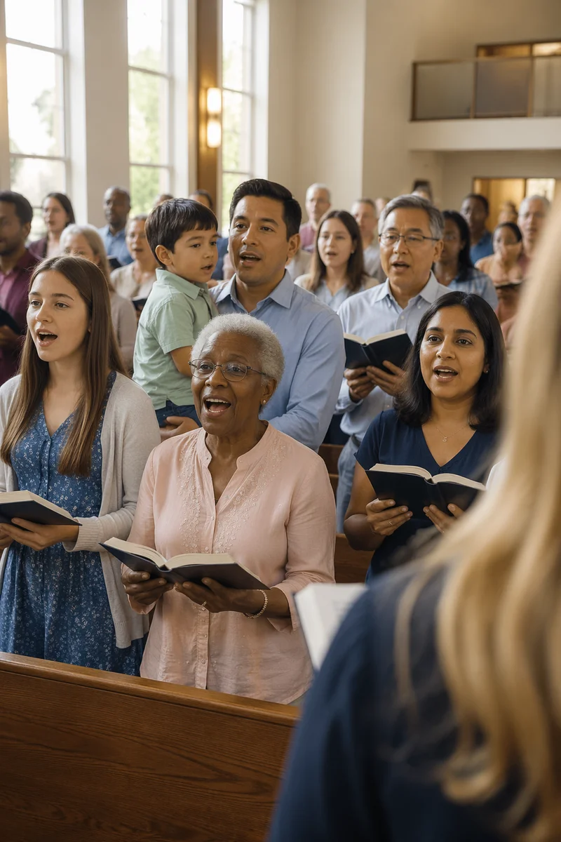 Diverse Congregation Singing in Bright Sanctuary