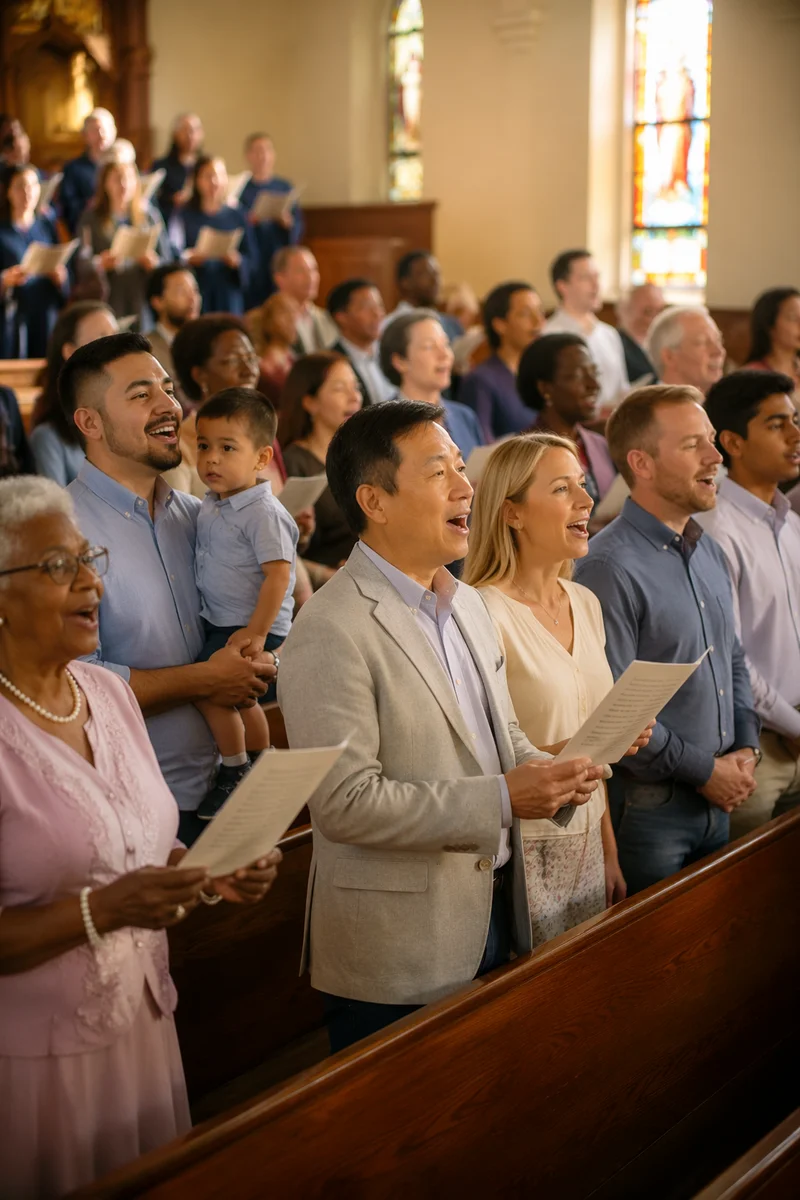 Diverse Congregation Singing in Church Interior