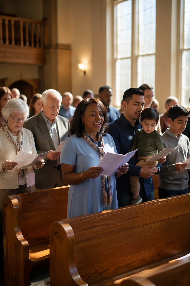 Diverse Congregation Singing in Bright Church
