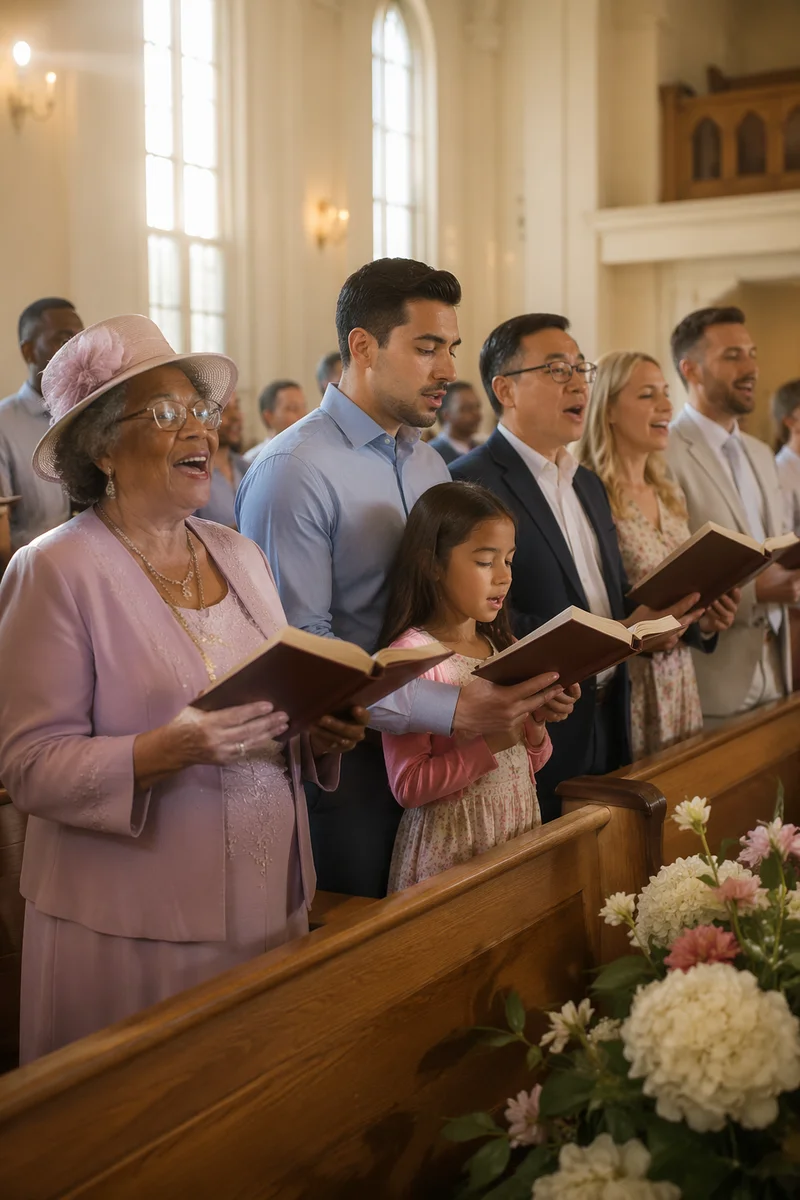 Diverse Congregation Singing in Bright Sanctuary