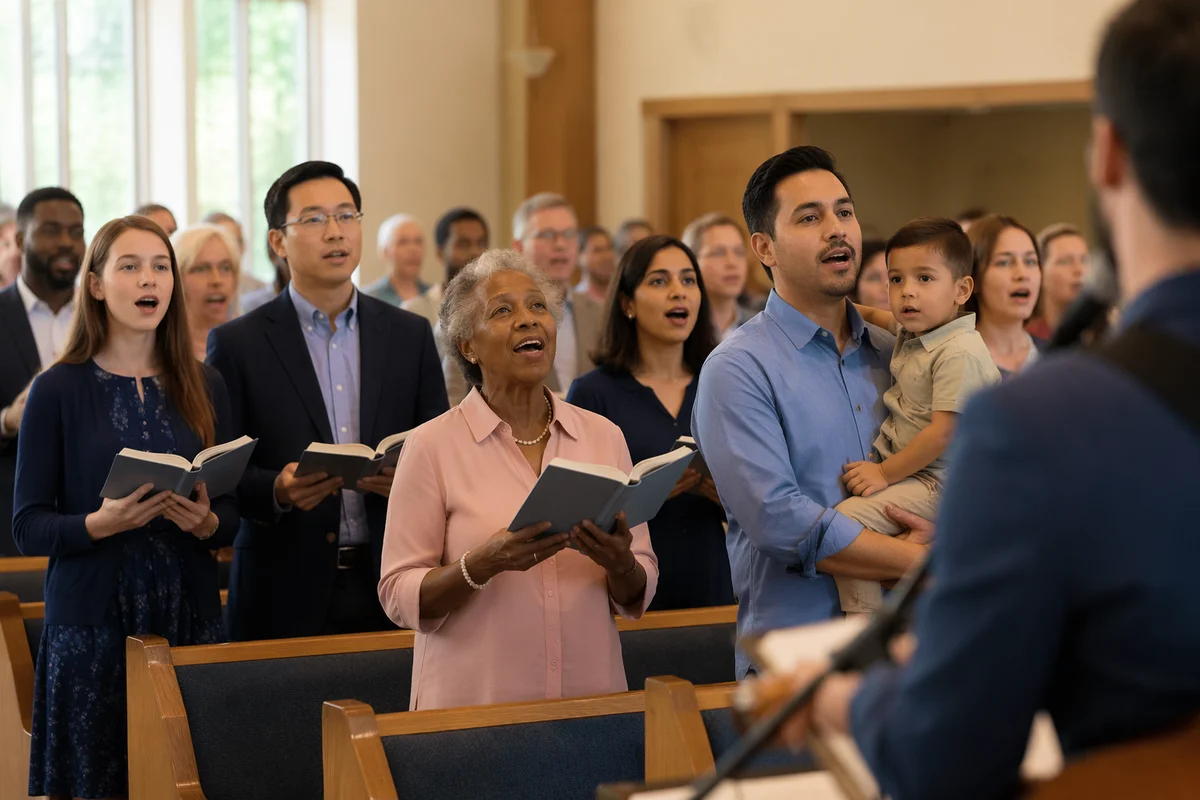 Diverse Congregation Singing in Bright Sanctuary