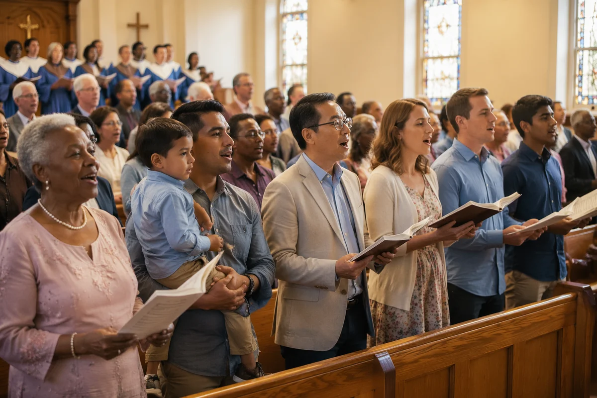 Diverse Congregation Singing in Church Interior