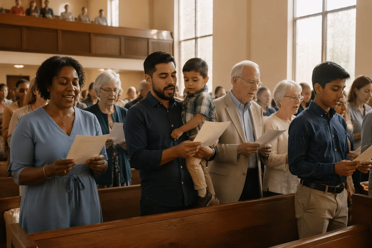 Diverse Congregation Singing in Bright Sanctuary