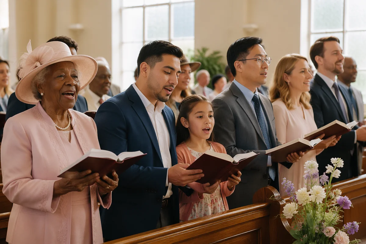 Diverse Congregation Singing in Bright Sanctuary