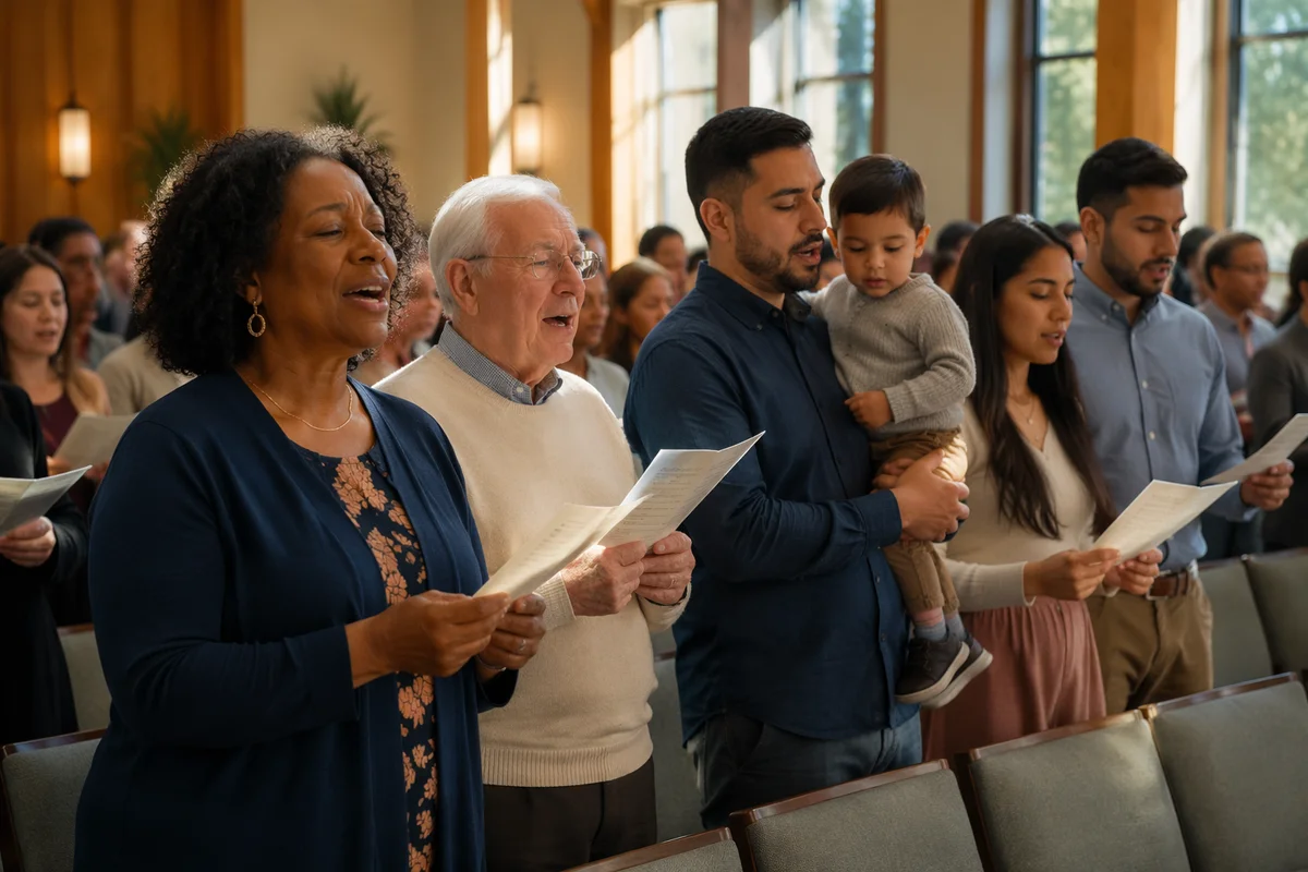 Diverse Congregation Singing in Bright Church Hall