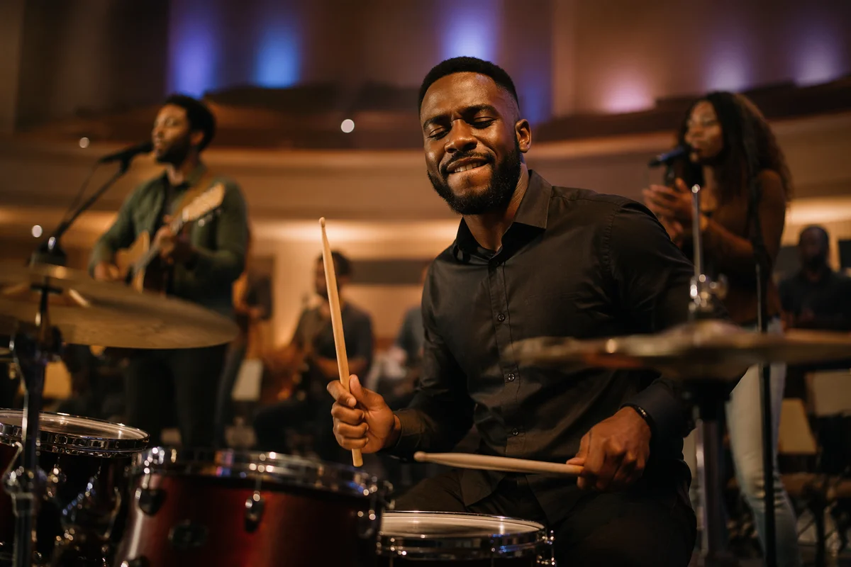 Black Drummer Leading Worship Band Performance