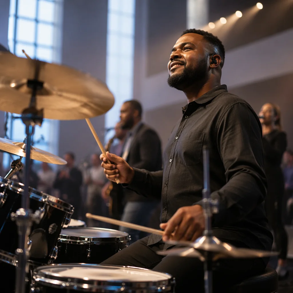 Young Drummer Performing on Church Stage