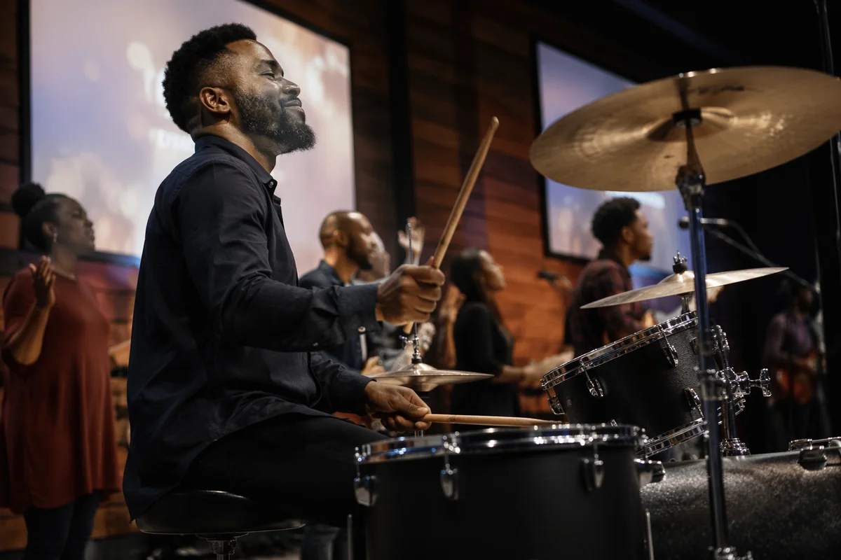 Black Drummer Leading Worship Band Performance