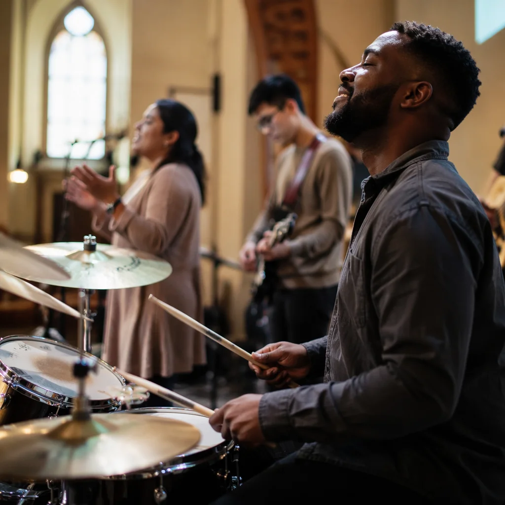 Young Drummer Leading Contemporary Church Worship