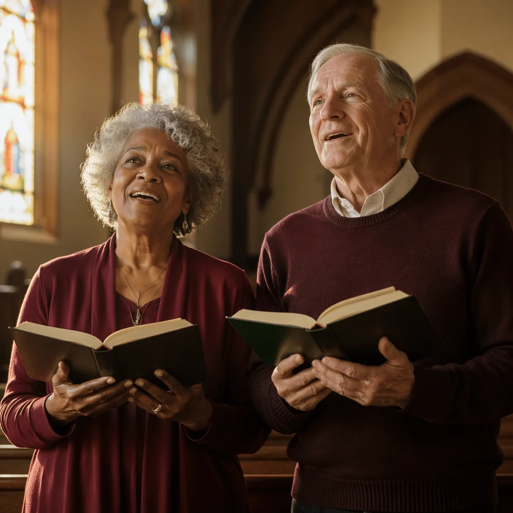 Elderly Couple Singing in Sunlit Chapel