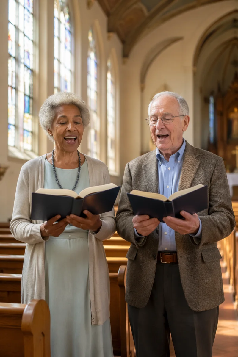 Elderly Couple Singing in Church Interior