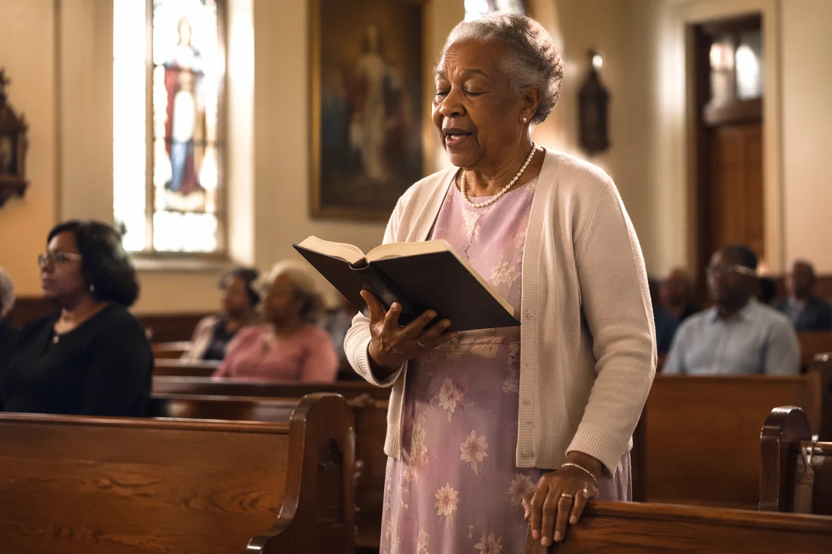 Elderly Woman Singing in Sunlit Church
