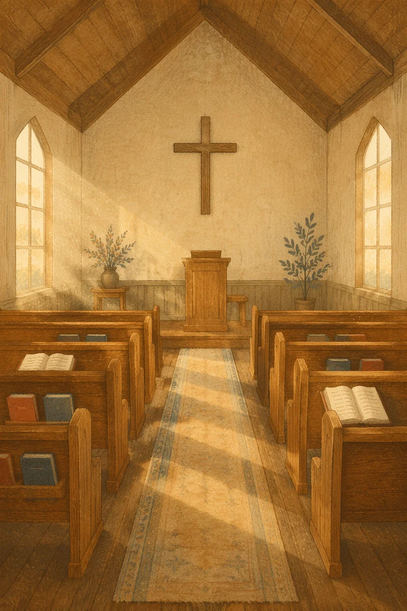 Empty Wooden Church Sanctuary in Morning Light