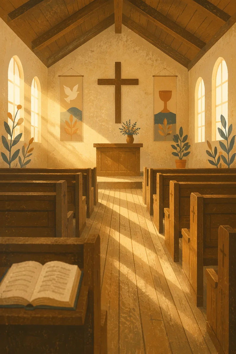 Empty Wooden Church Sanctuary in Morning Light