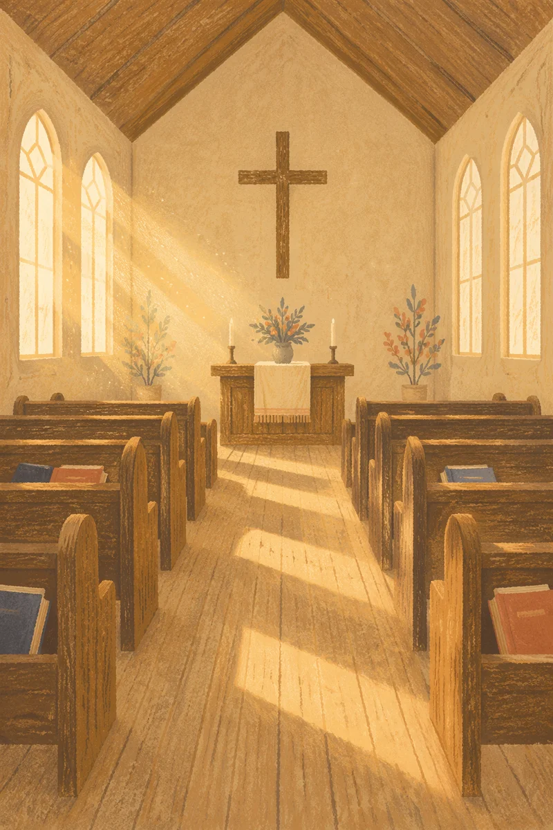 Empty Wooden Church Sanctuary at Sunrise