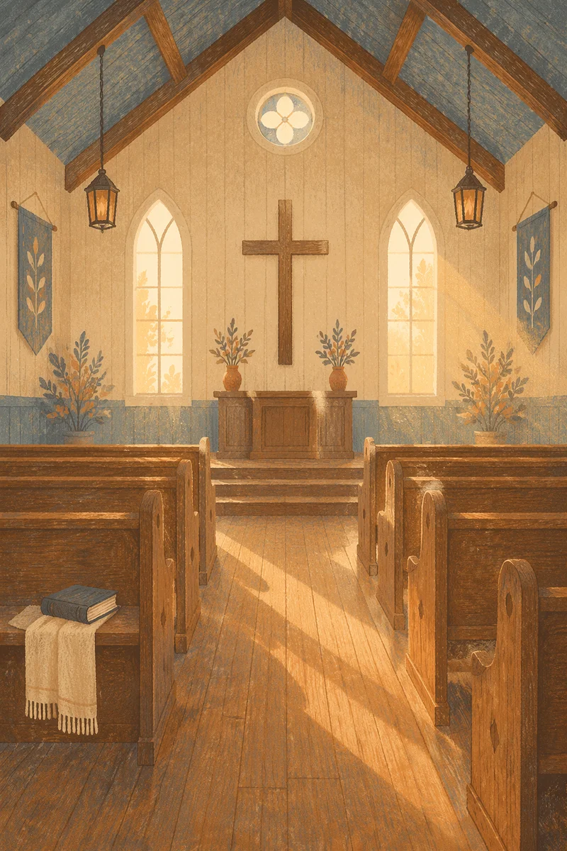 Empty Wooden Church Sanctuary in Morning Light