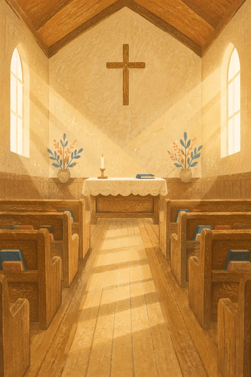 Empty Wooden Church Sanctuary in Morning Light