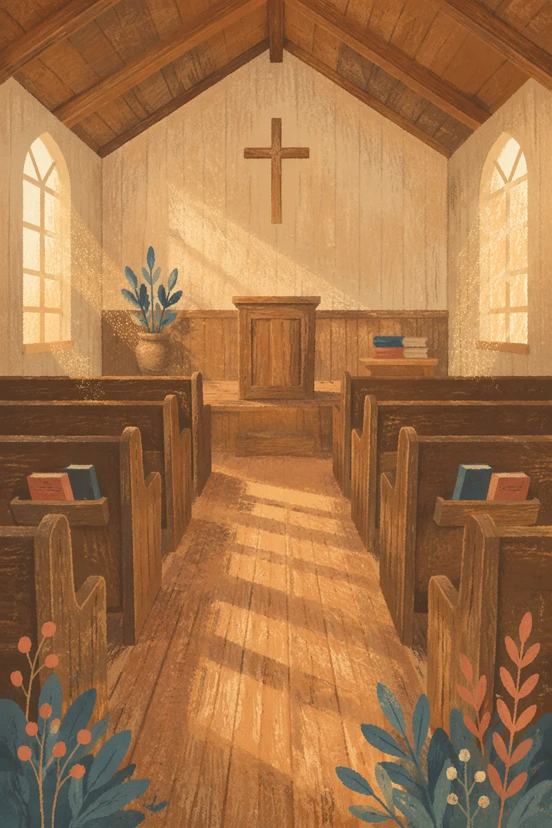 Empty Wooden Church Sanctuary in Morning Light