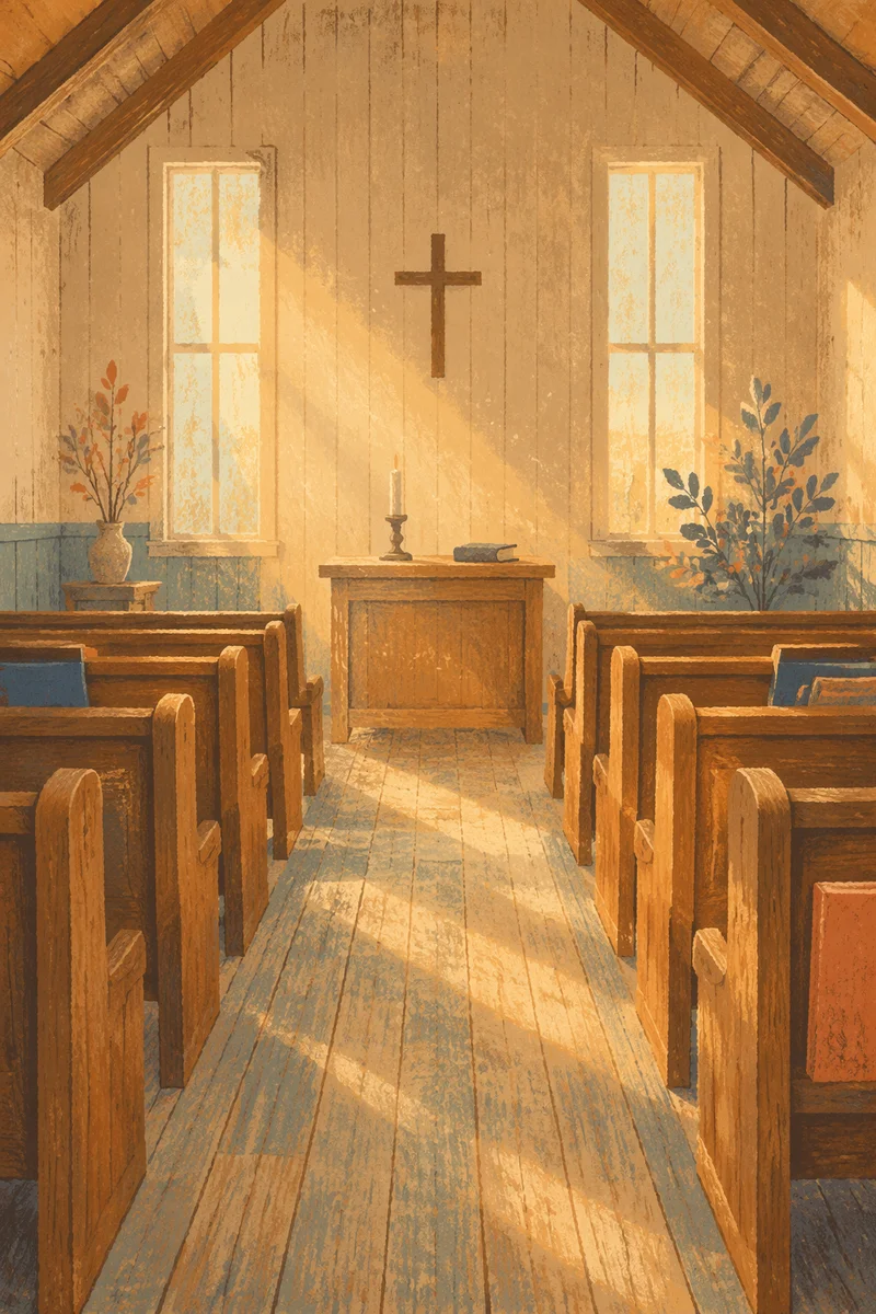 Empty Wooden Church Sanctuary in Morning Light