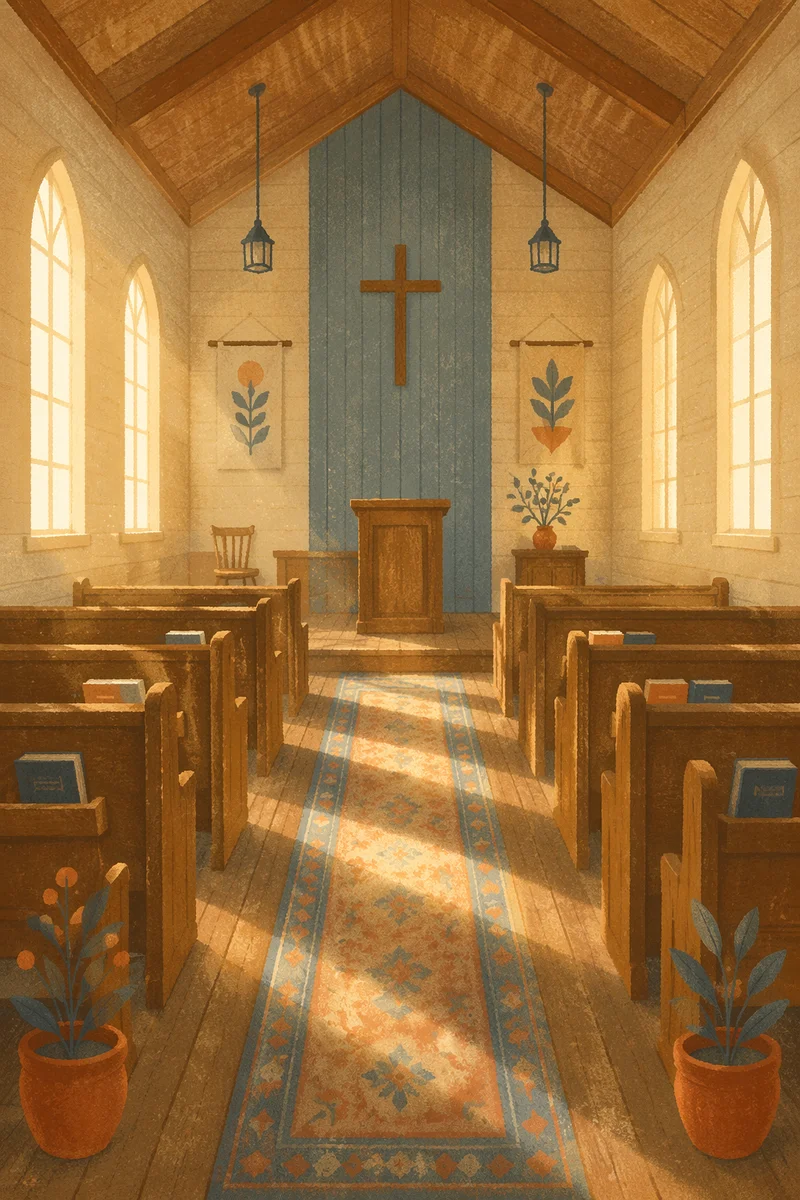 Empty Wooden Church Sanctuary in Morning Light