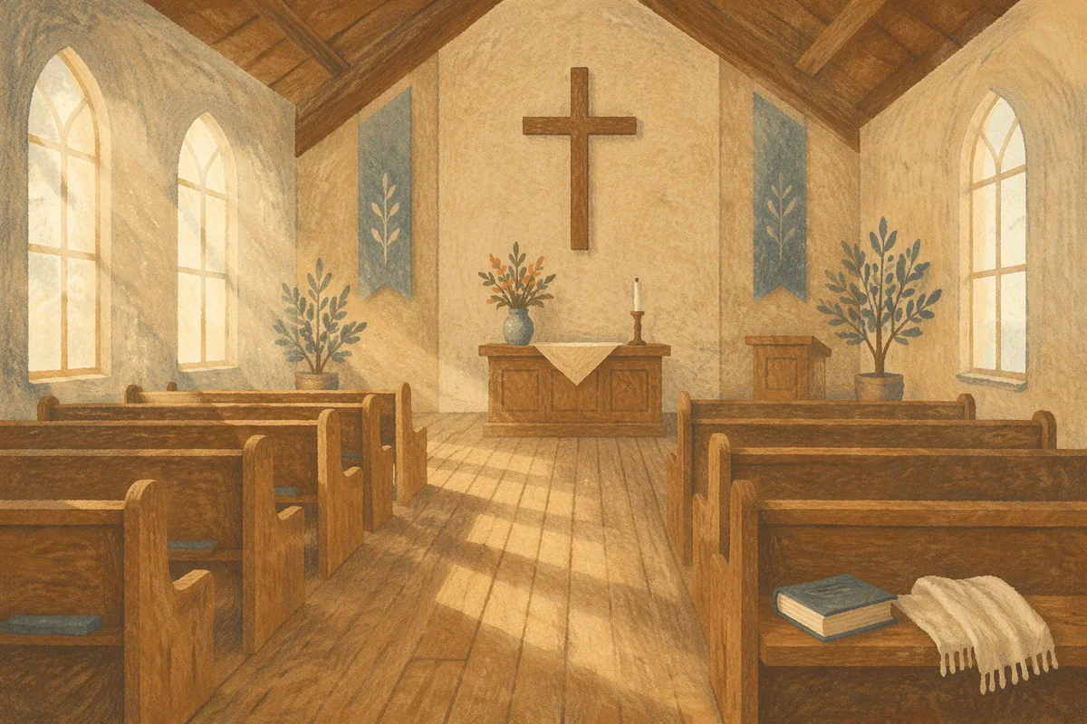 Empty Wooden Church Sanctuary in Morning Light
