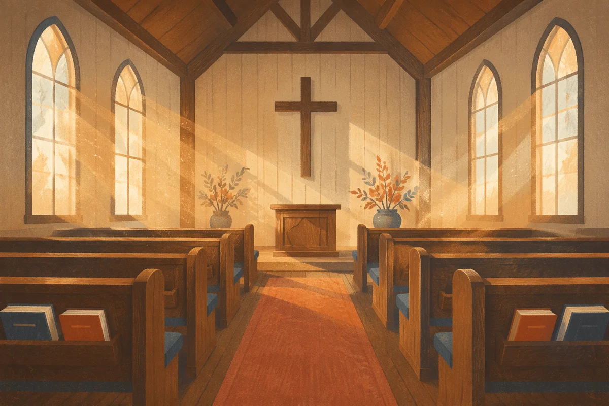 Empty Church Sanctuary in Golden Morning Light