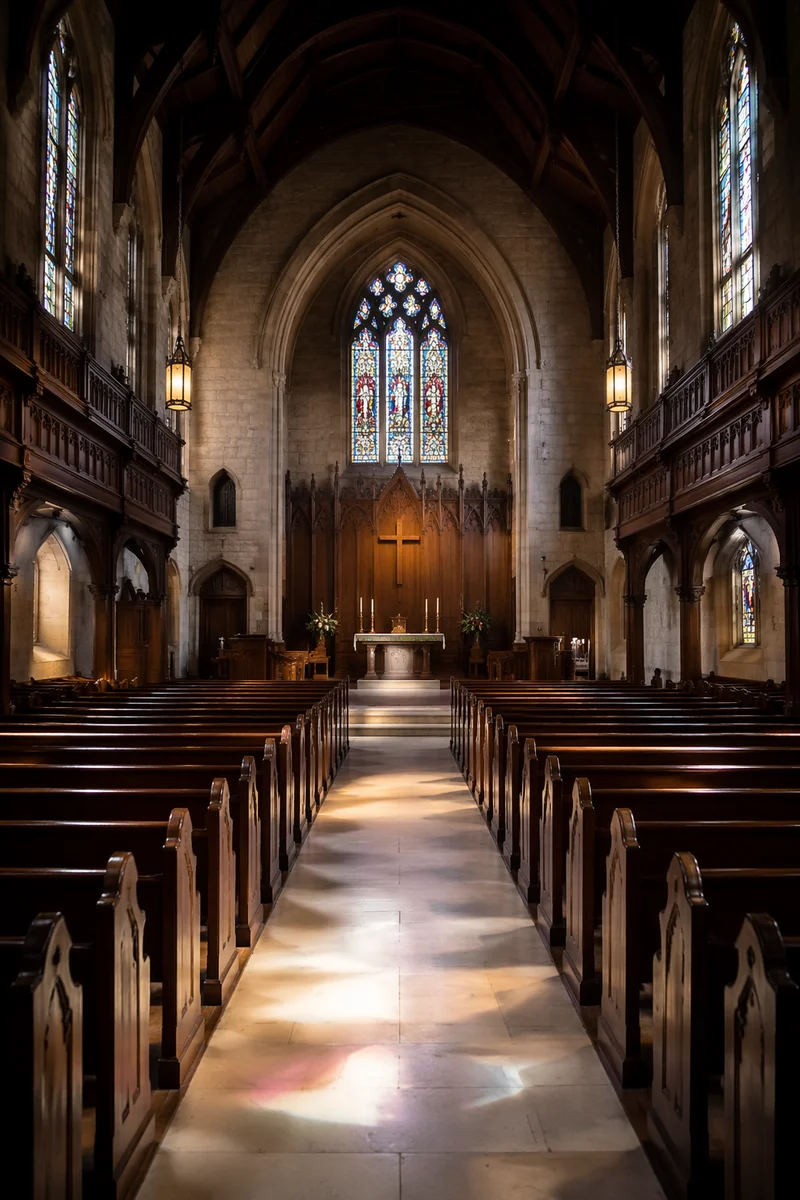 Empty Historic Church Sanctuary in Morning Light