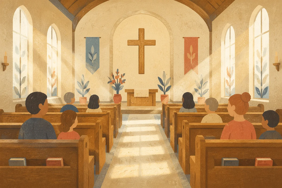 Empty Sanctuary with Morning Sunlight and Pews