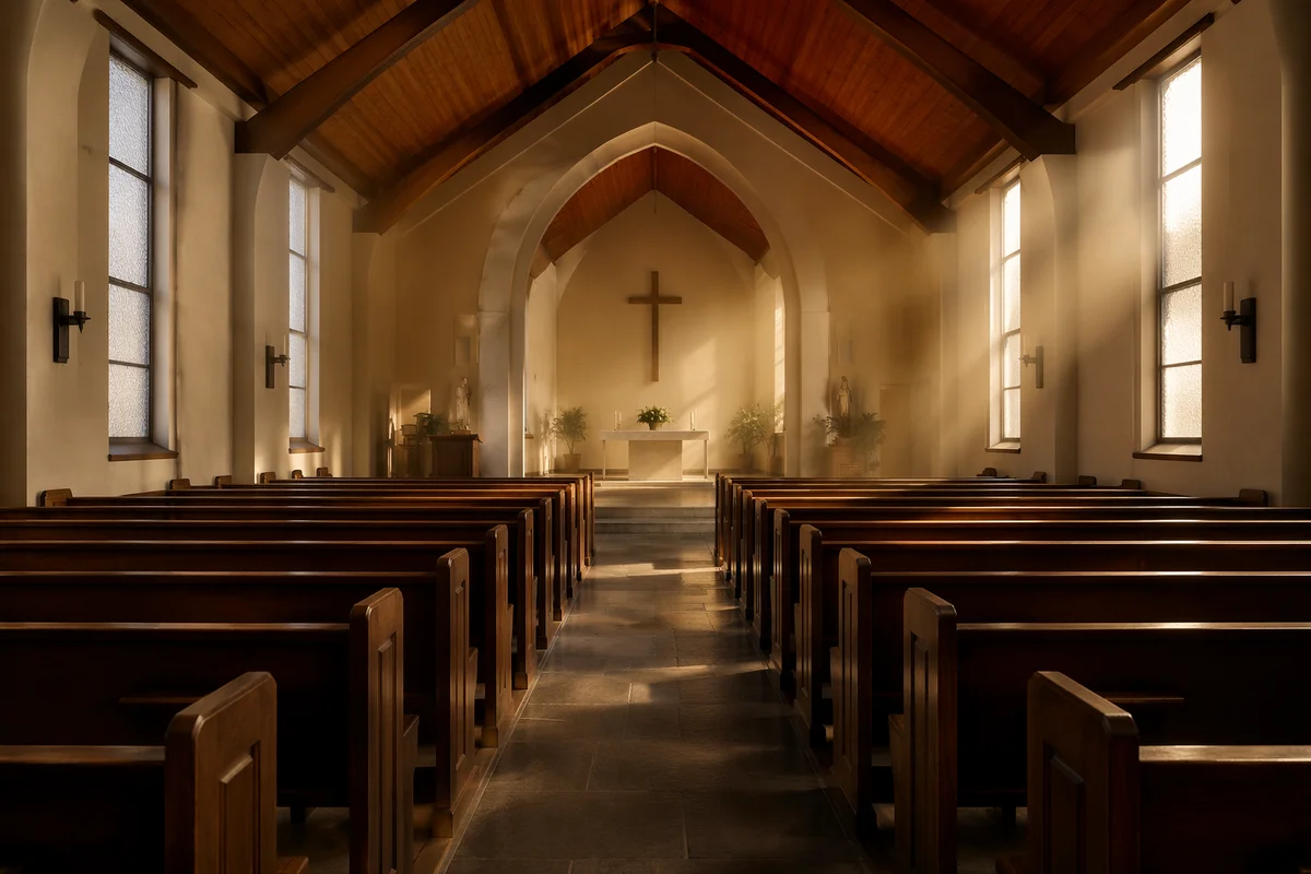 Empty Sanctuary with Morning Sunlight Pews