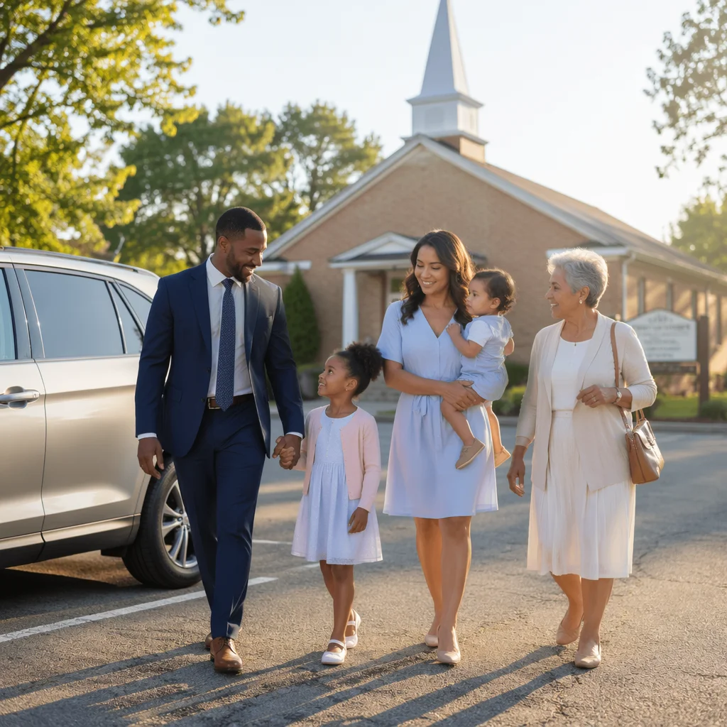 Family Arriving at Church Parking Lot