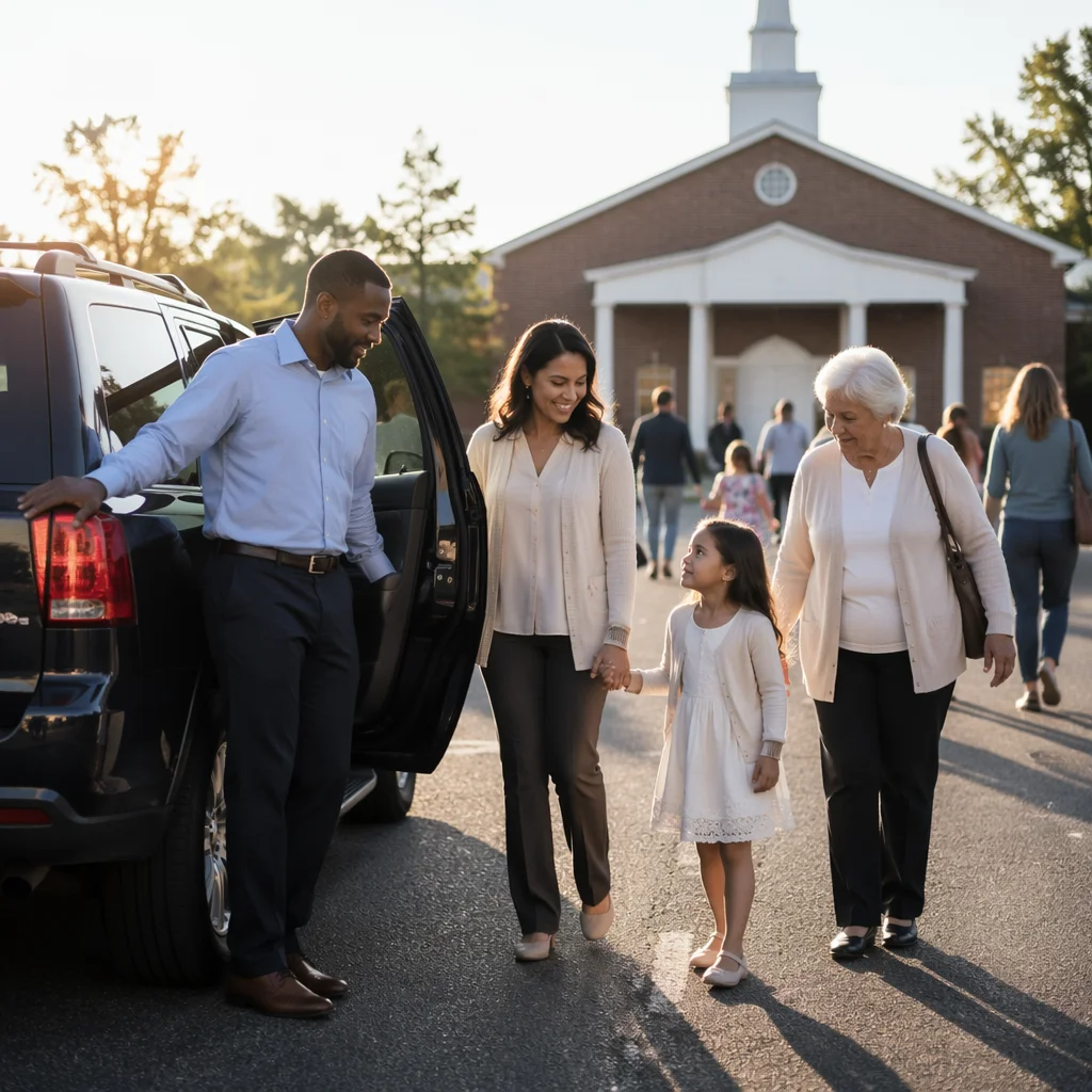 Family Arriving at Church Parking Lot