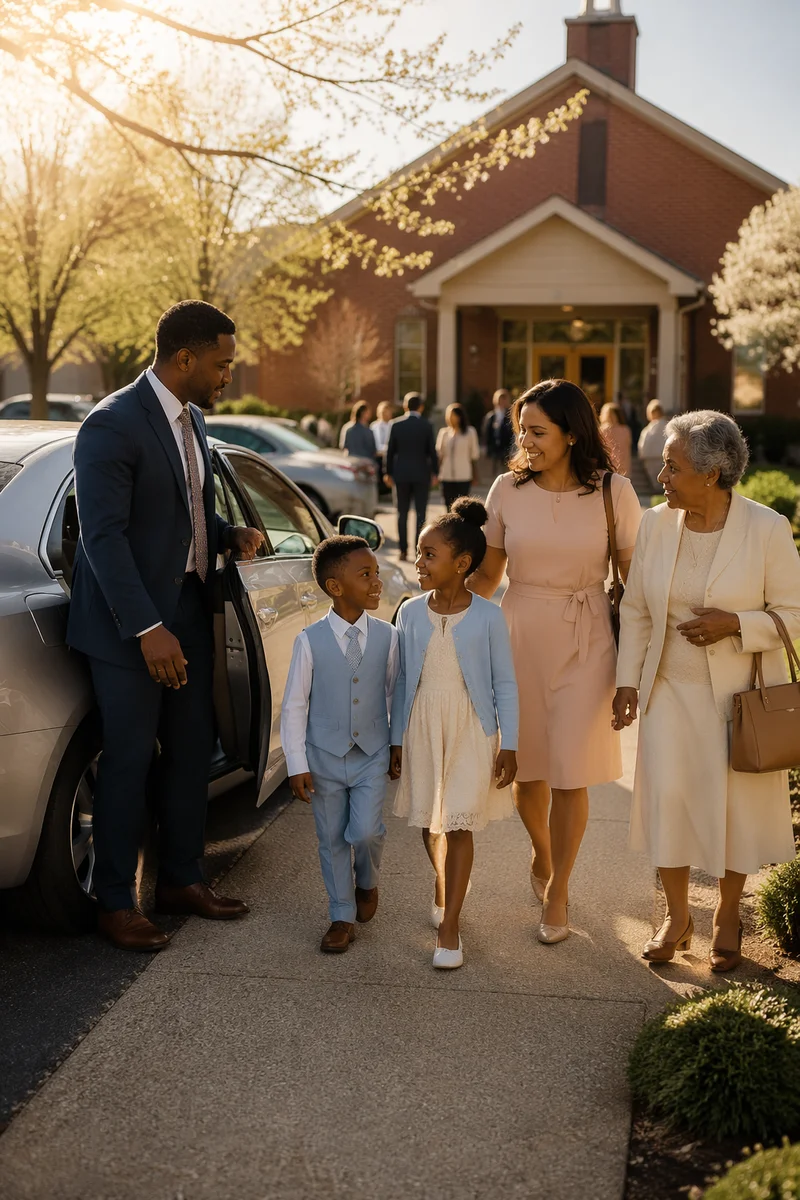 Family Arriving at Church Parking Lot