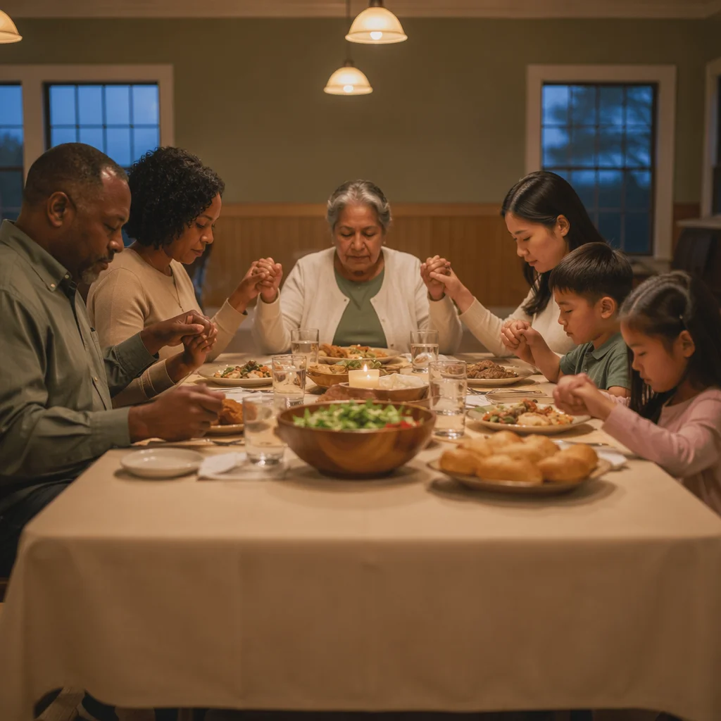 Family Holding Hands at Dinner Table
