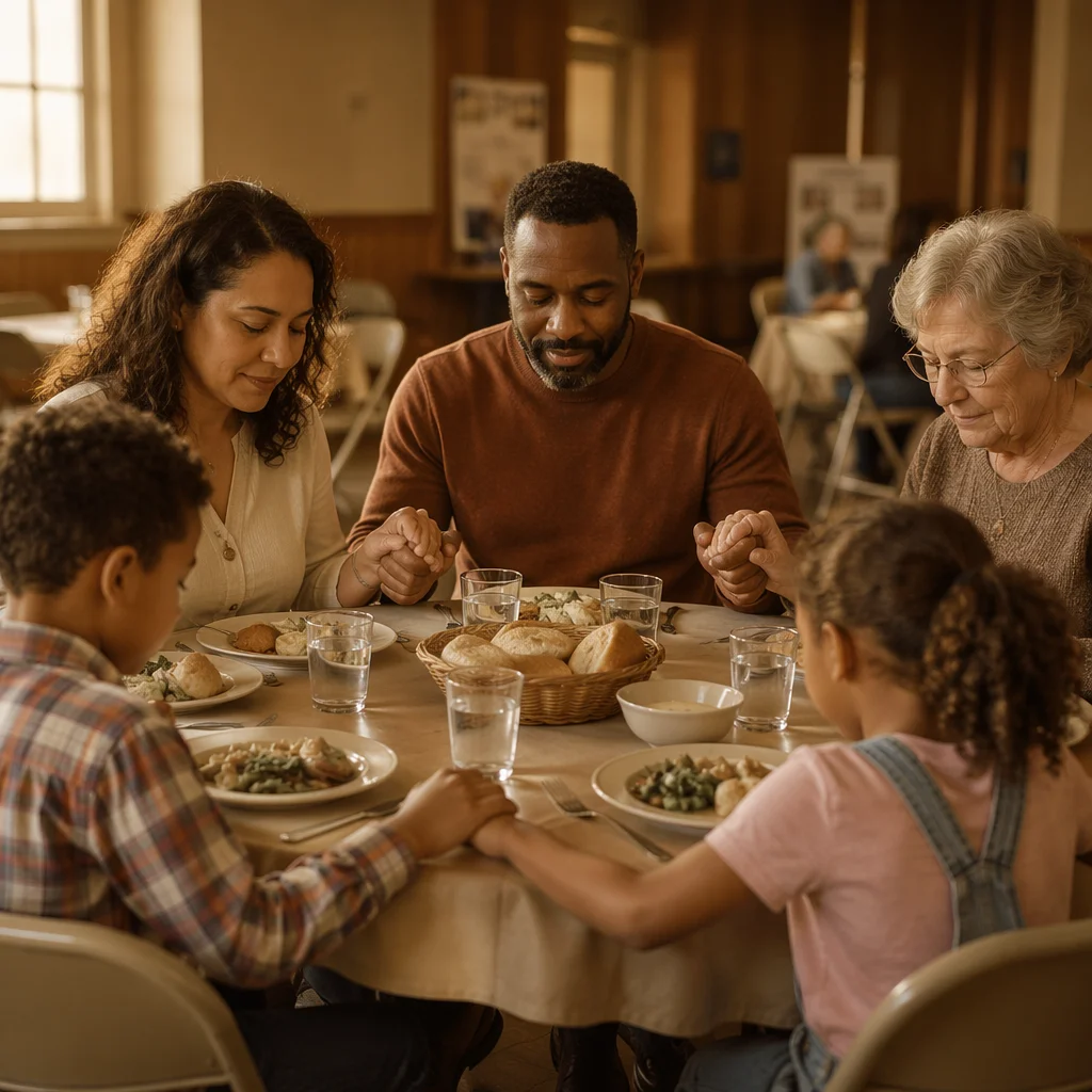 Diverse Family Holding Hands at Dinner