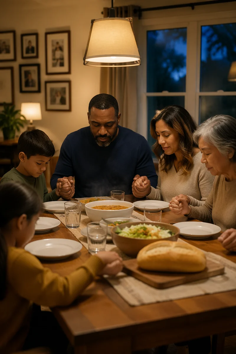 Family Holding Hands in Prayer at Dinner