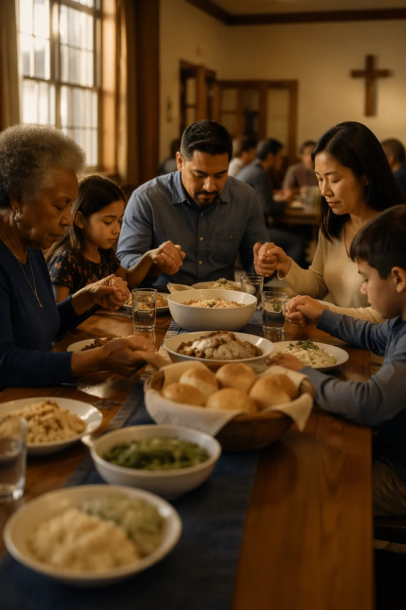 Family Praying Around Dinner Table