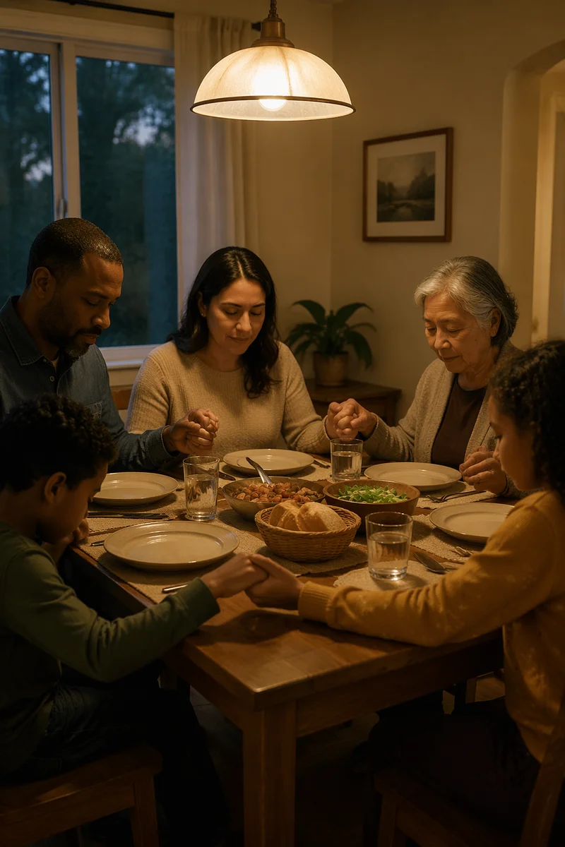 Family Holding Hands in Dinner Prayer