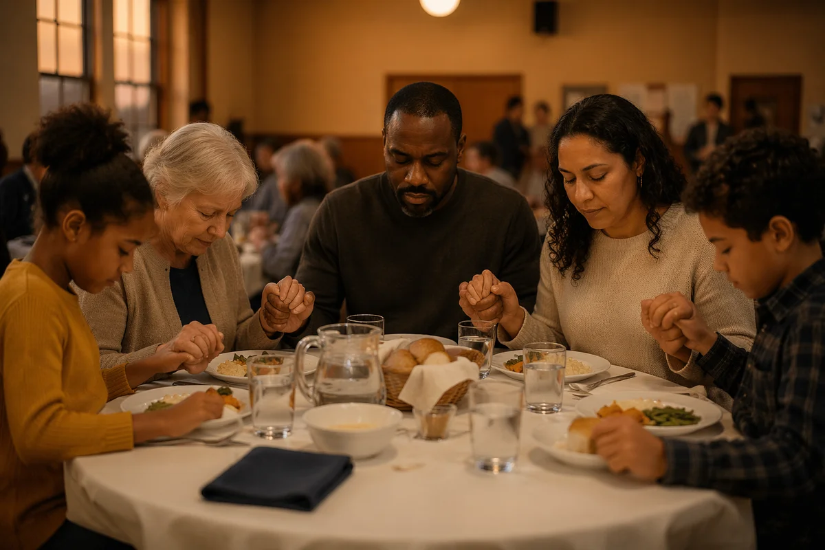 Diverse Family Praying at Dinner Table