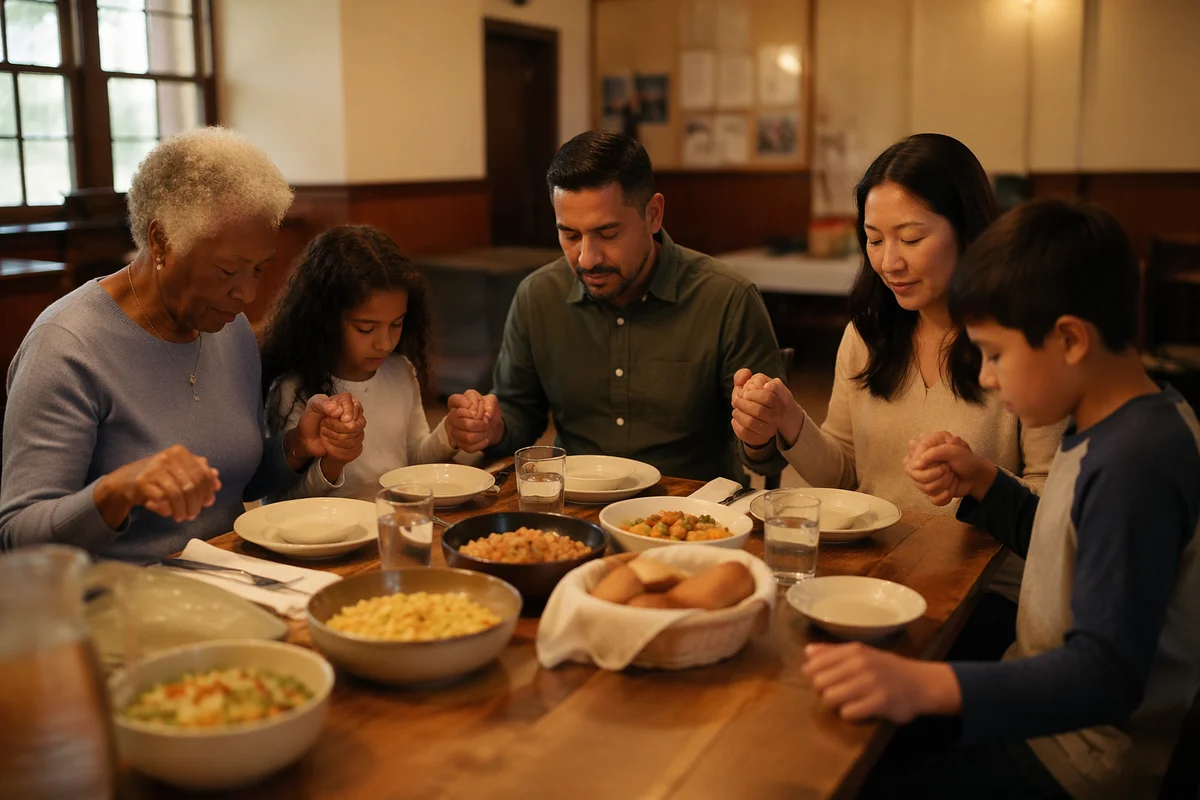 Family Holding Hands in Prayer Before Dinner